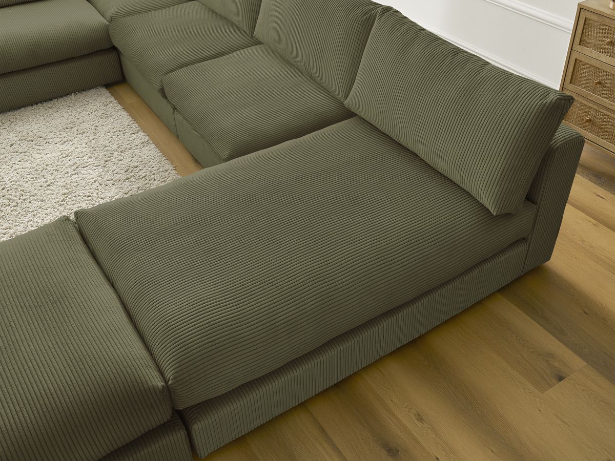 Canapé d'angle modulable PARIS velours côtelé avec 3 chauffeuses, 1 méridienne, 1 angle, et 1 pouf