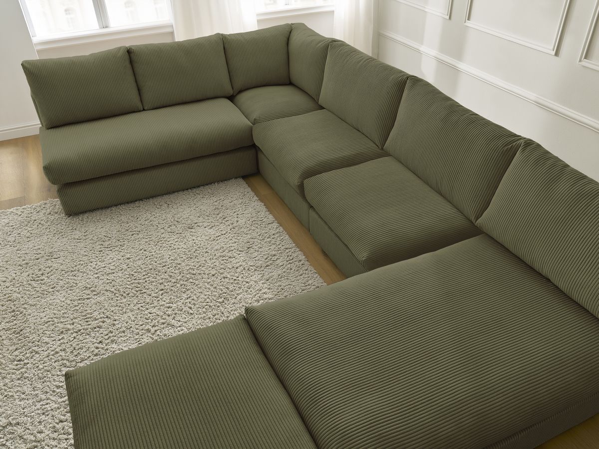 Canapé d'angle modulable PARIS velours côtelé avec 3 chauffeuses, 1 méridienne, 1 angle, et 1 pouf