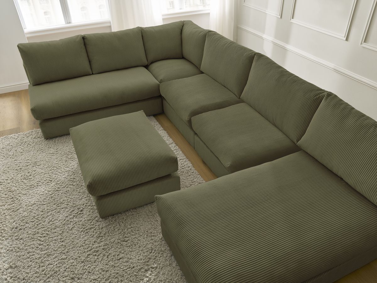 Canapé d'angle modulable PARIS velours côtelé avec 3 chauffeuses, 1 méridienne, 1 angle, et 1 pouf