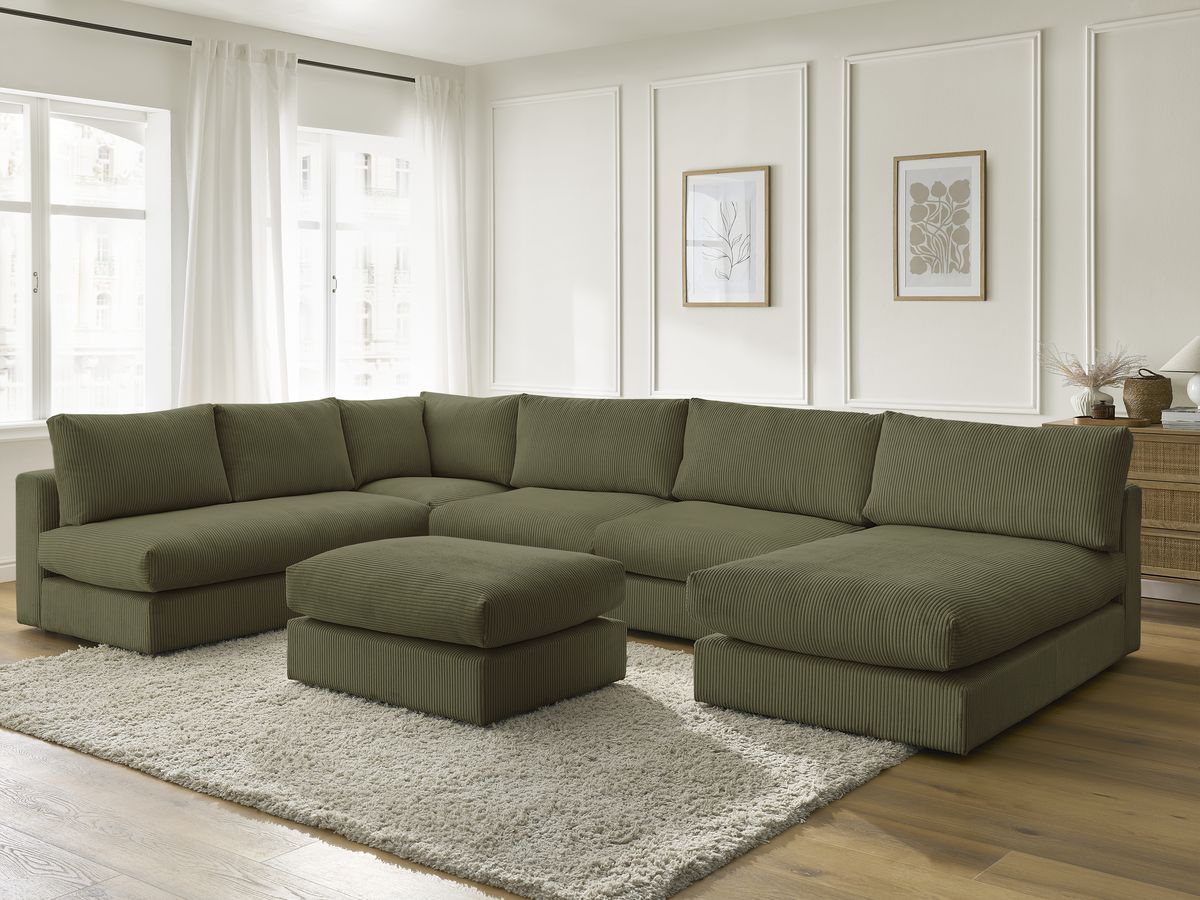 Canapé d'angle modulable PARIS velours côtelé avec 3 chauffeuses, 1 méridienne, 1 angle, et 1 pouf