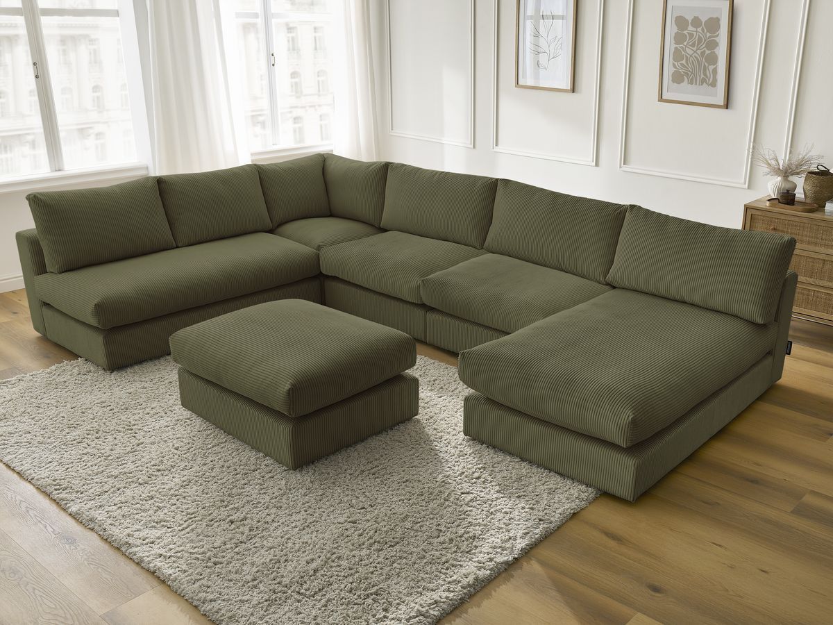 Canapé d'angle modulable PARIS velours côtelé avec 3 chauffeuses, 1 méridienne, 1 angle, et 1 pouf