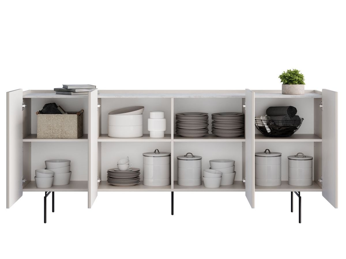 Ensemble MATHILDE avec buffet 200 cm + meuble TV 200 cm plateau effet marbre et pieds noirs