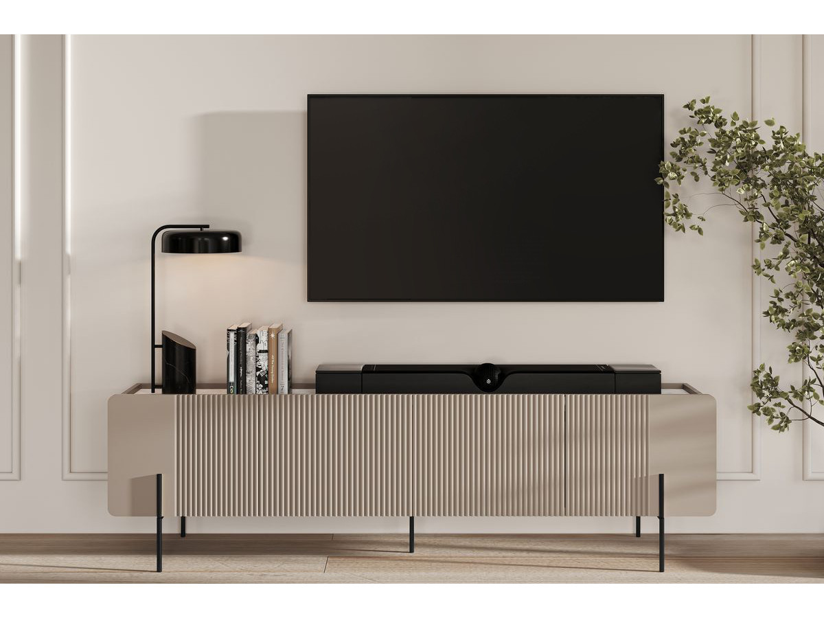 Ensemble MATHILDE avec buffet 200 cm + meuble TV 200 cm plateau effet marbre et pieds noirs