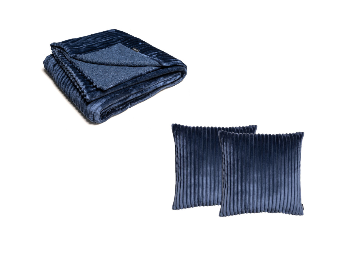 Ensemble OSLO avec plaid 140 x 180 cm + 2 coussins bleu 60x60  BOBOCHIC