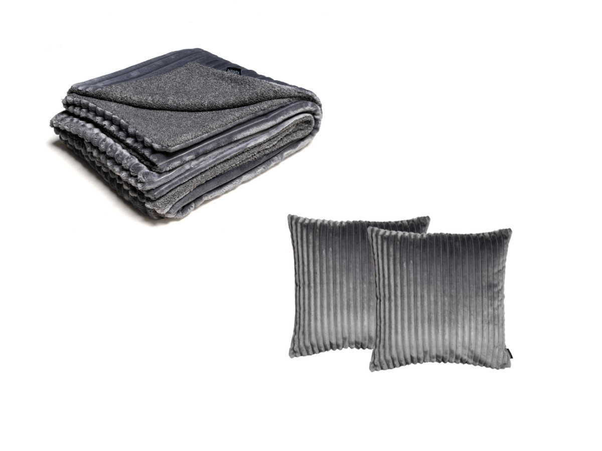 Ensemble OSLO avec plaid 140 x 180 cm + 2 coussins gris foncé 60x60  BOBOCHIC