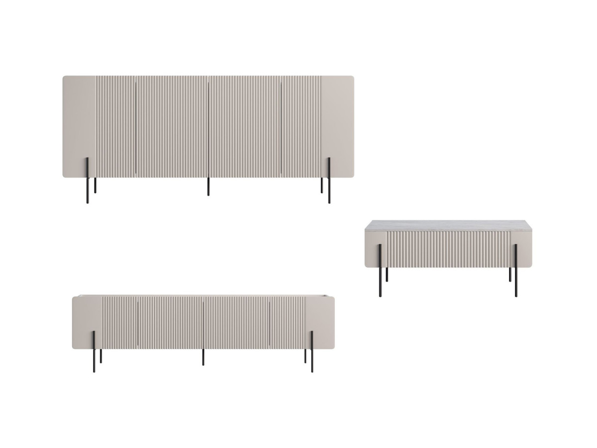 MATHILDE set met 200 cm dressoir + 200 cm tv-meubel + 100 cm salontafel met marmerlook blad en zwarte poten