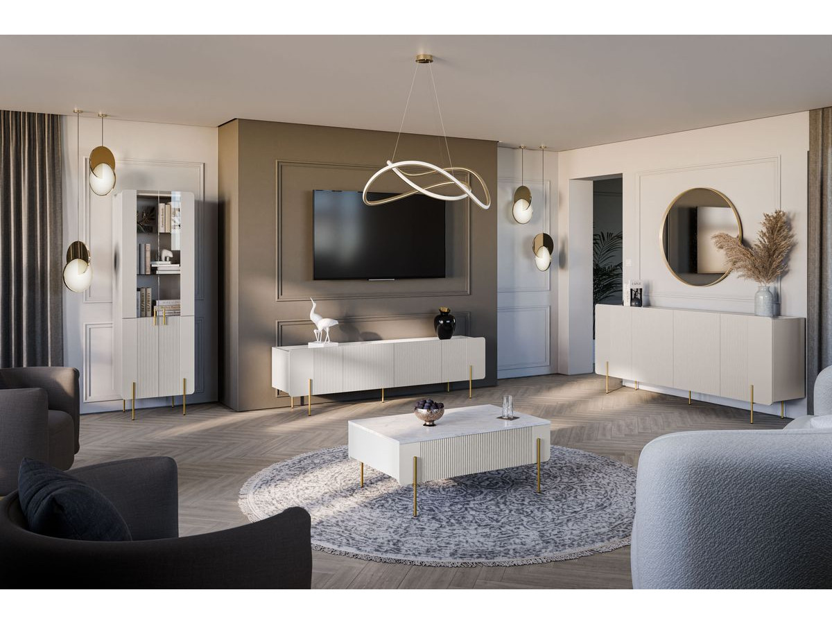 MATHILDE set met 200 cm dressoir + 200 cm tv-meubel + 100 cm salontafel met marmerlook blad en gouden poten