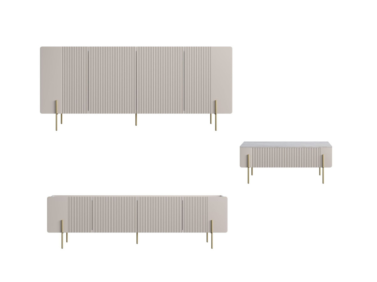 MATHILDE set met 200 cm dressoir + 200 cm tv-meubel + 100 cm salontafel met marmerlook blad en gouden poten