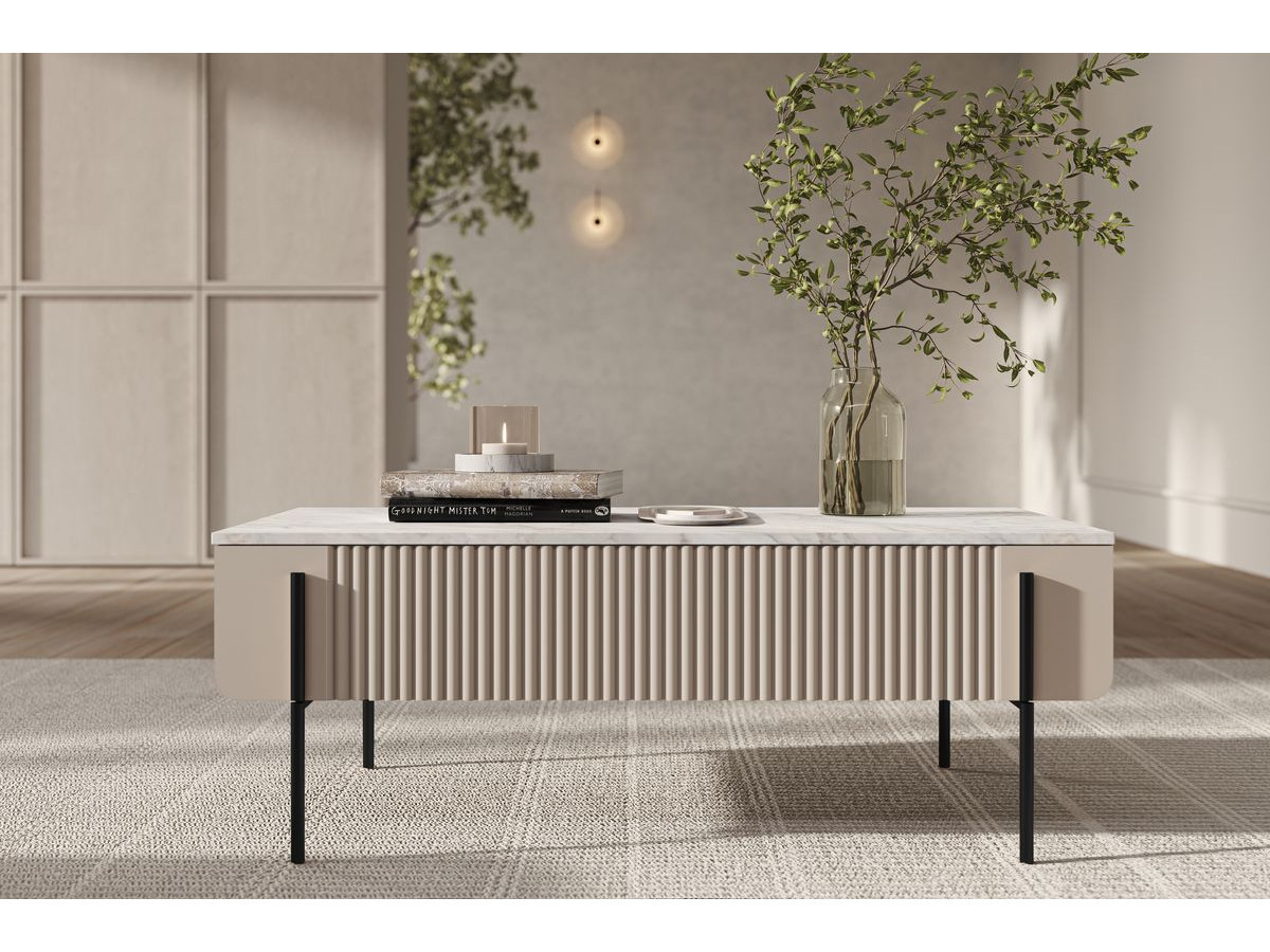 MATHILDE set met 150 cm dressoir + 150 cm tv-meubel + 100 cm salontafel met marmerlook blad en zwarte poten