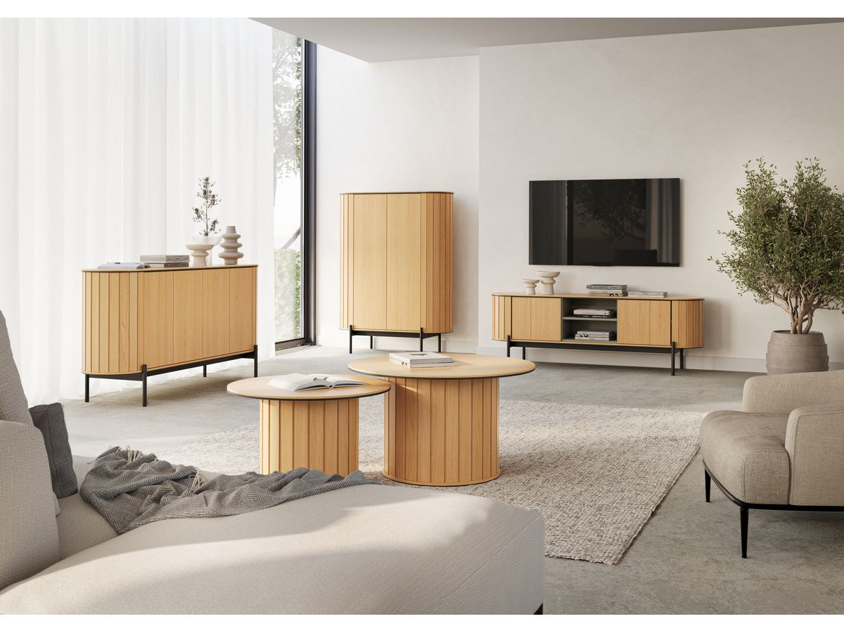 Ensemble AMBOISE avec buffet arrondi 168 cm + meuble TV 168 cm + 2 tables basses couleur chêne