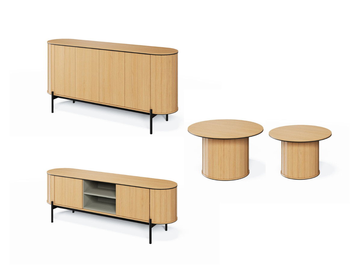 Ensemble AMBOISE avec buffet arrondi 168 cm + meuble TV 168 cm + 2 tables basses couleur chêne