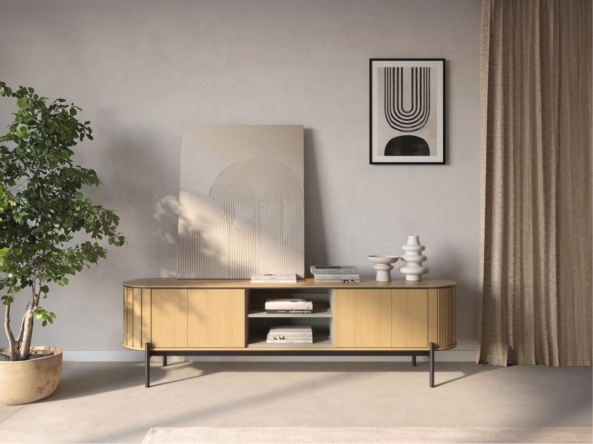 Ensemble AMBOISE avec buffet arrondi 200 cm + meuble TV 200 cm + 2 tables basses couleur chêne