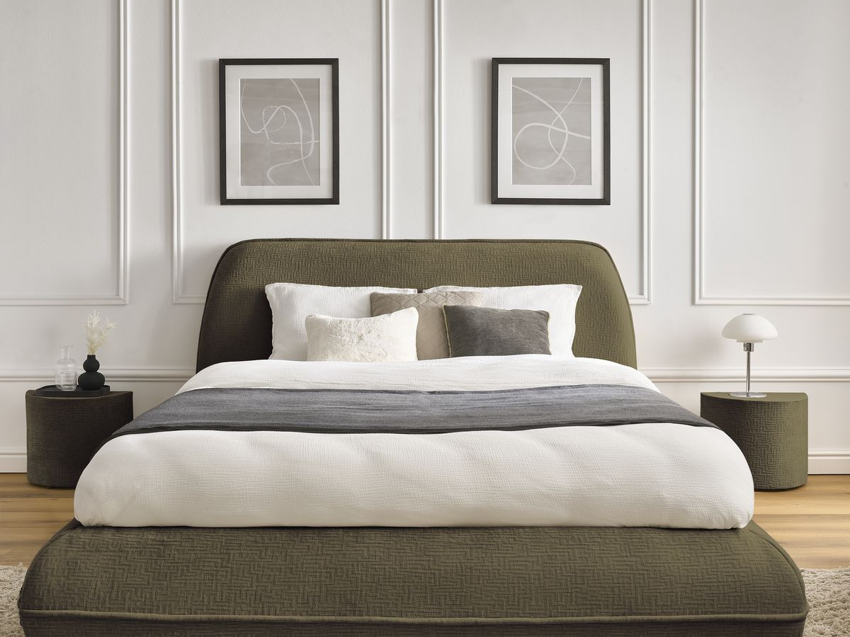 LIAM set met bed + 2 nachtkastjes in structuurstof