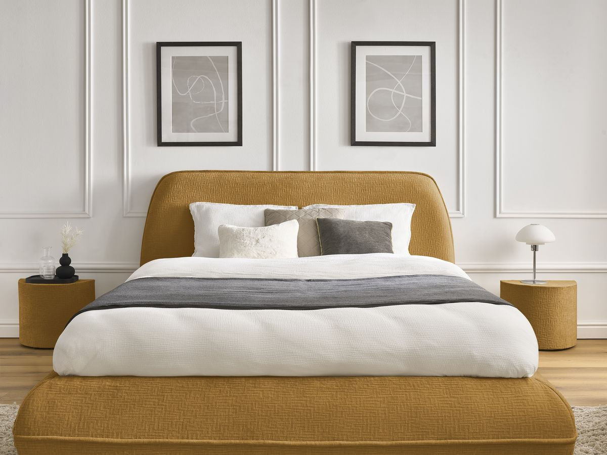 LIAM set met bed + 2 nachtkastjes in structuurstof