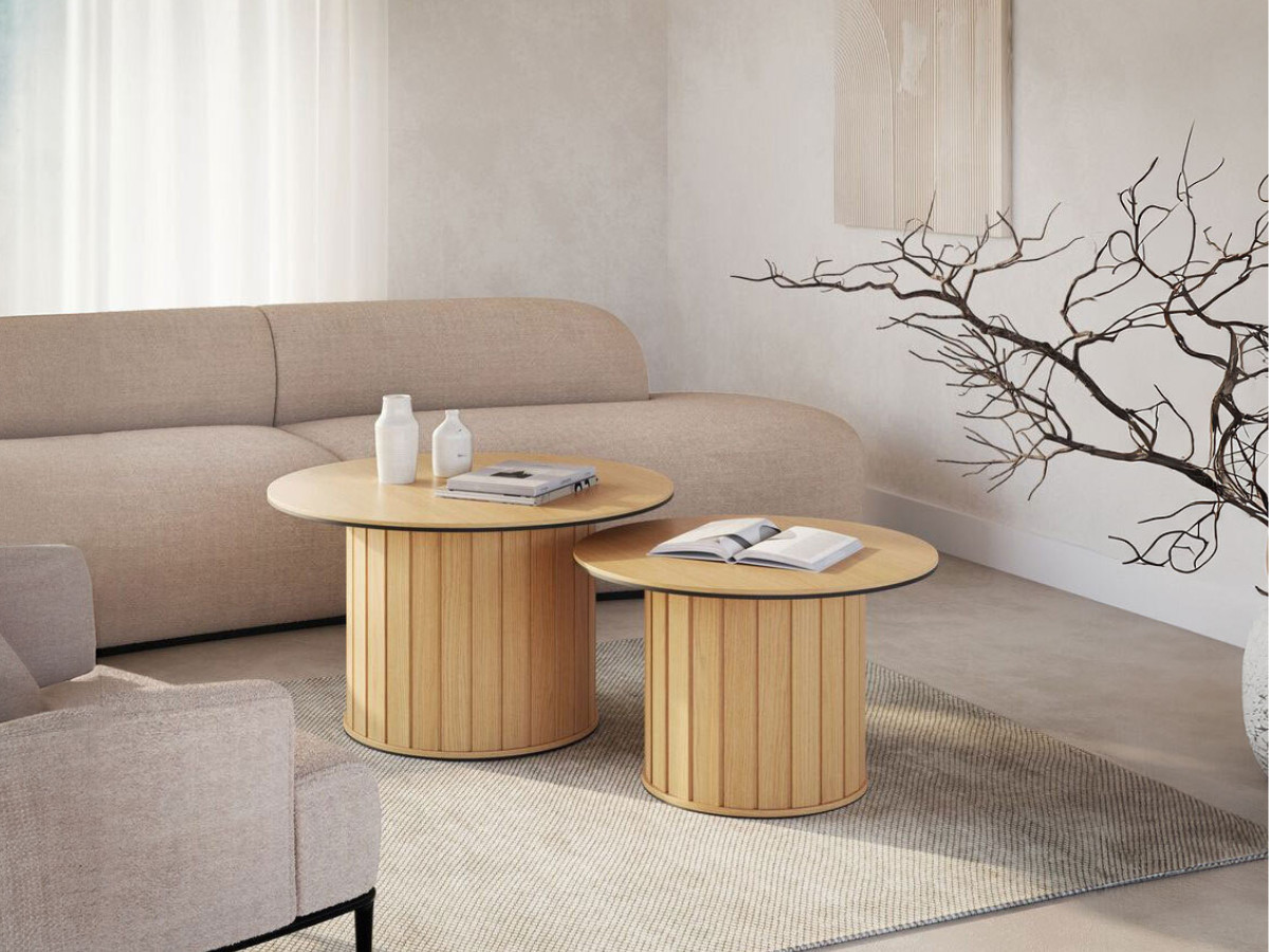 Ensemble AMBOISE avec buffet arrondi 200 cm + meuble TV 200 cm + 2 tables basses couleur chêne