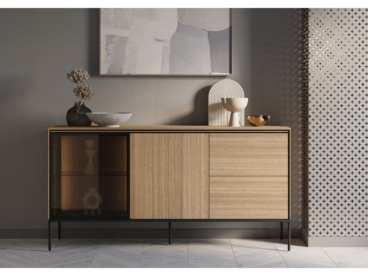 Ensemble VERONA avec buffet 167 cm + meuble TV 167 cm effet chêne et verre fumé avec LEDS