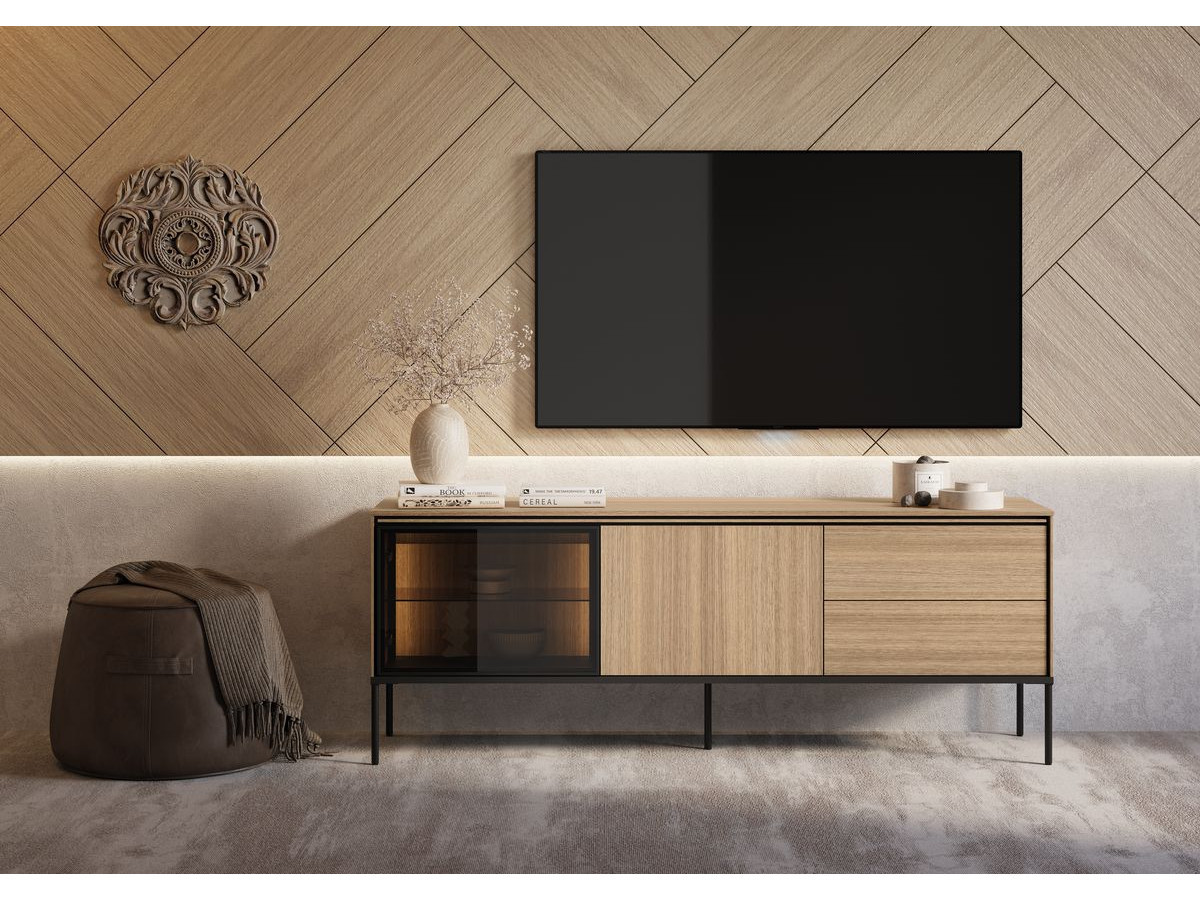 Ensemble VERONA avec buffet 167 cm + meuble TV 167 cm effet chêne et verre fumé avec LEDS