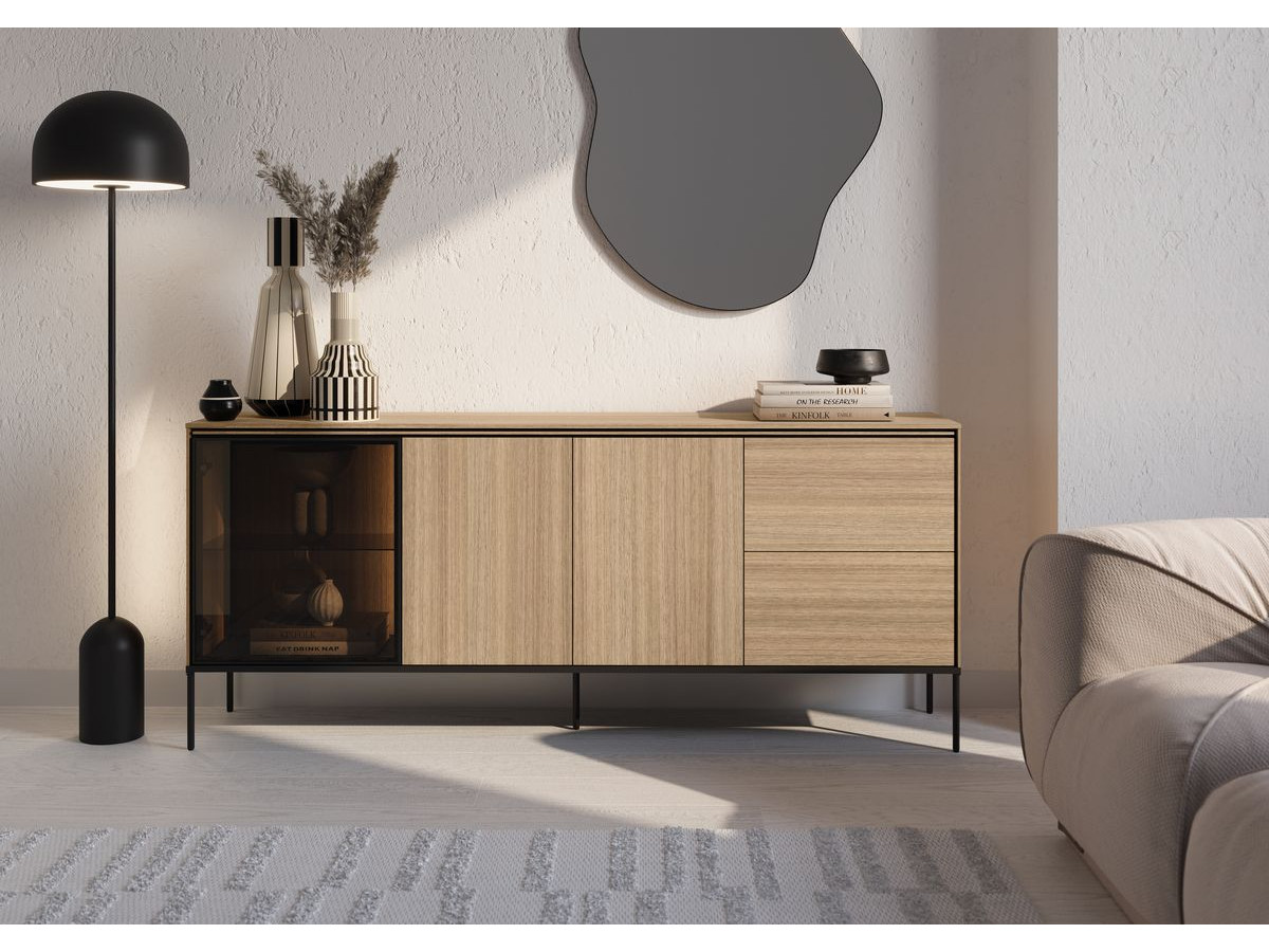 Ensemble VERONA avec buffet 200 cm + meuble TV 197 cm effet chêne et verre fumé avec LEDS