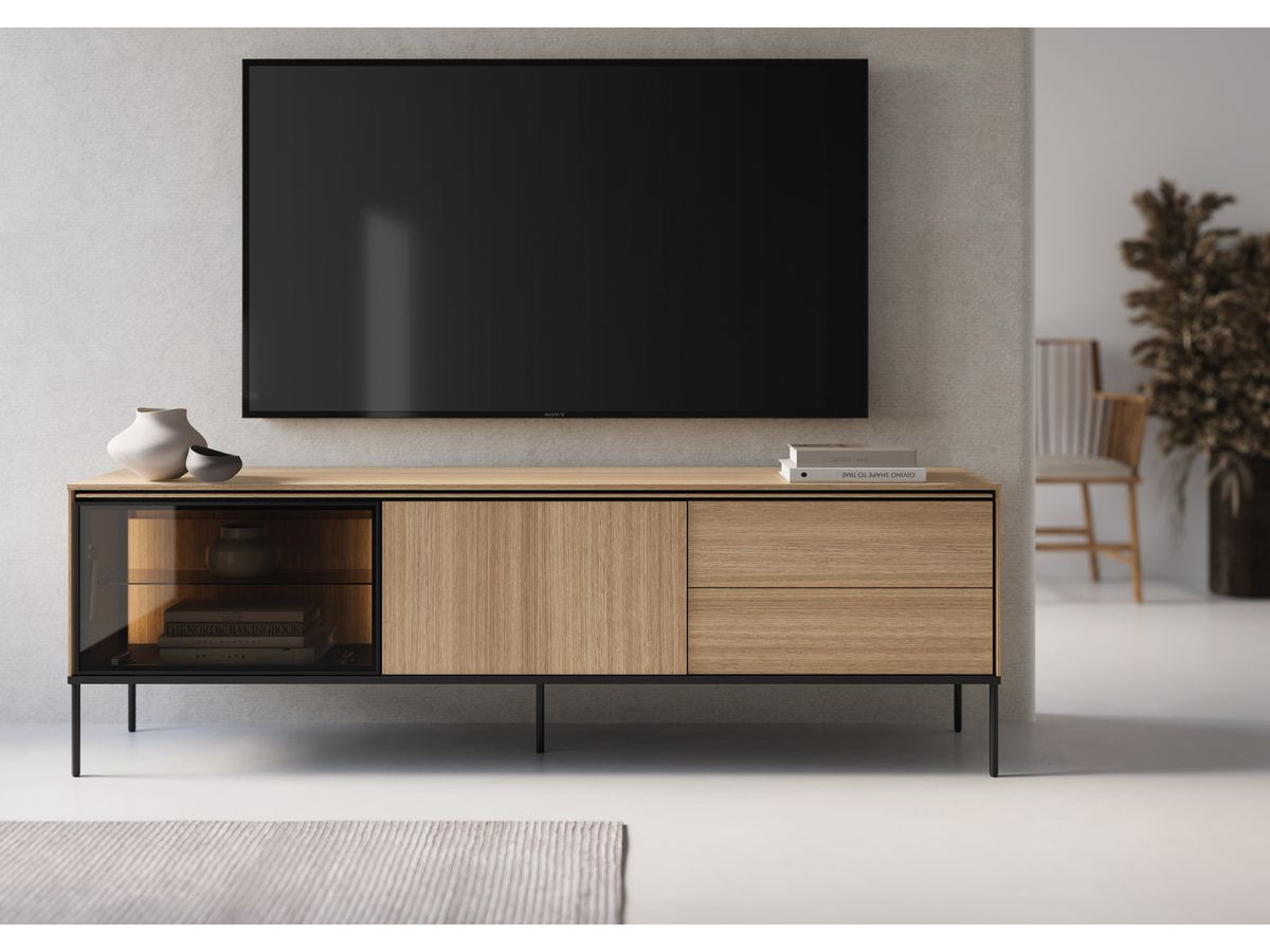 Ensemble VERONA avec buffet 200 cm + meuble TV 197 cm effet chêne et verre fumé avec LEDS