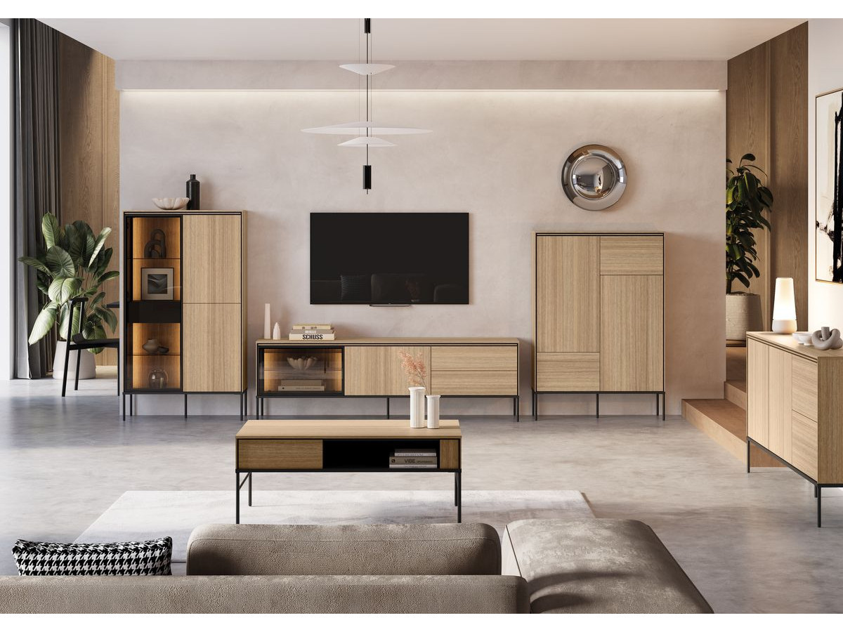 VERONA set met 167 cm dressoir + 167 cm tv-meubel + eikenhouten look en rookglazen salontafel met led-verlichting
