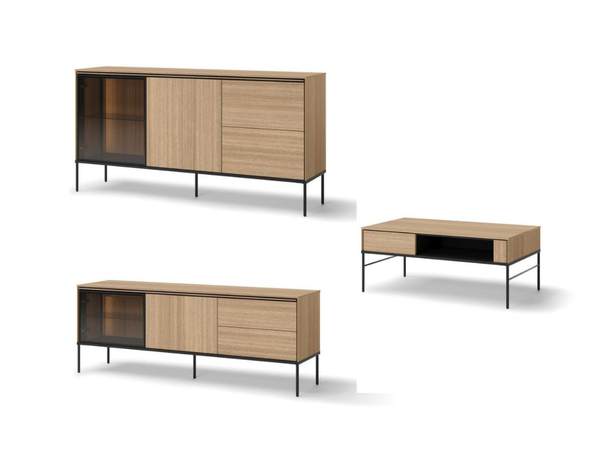VERONA set met 167 cm dressoir + 167 cm tv-meubel + eikenhouten look en rookglazen salontafel met led-verlichting