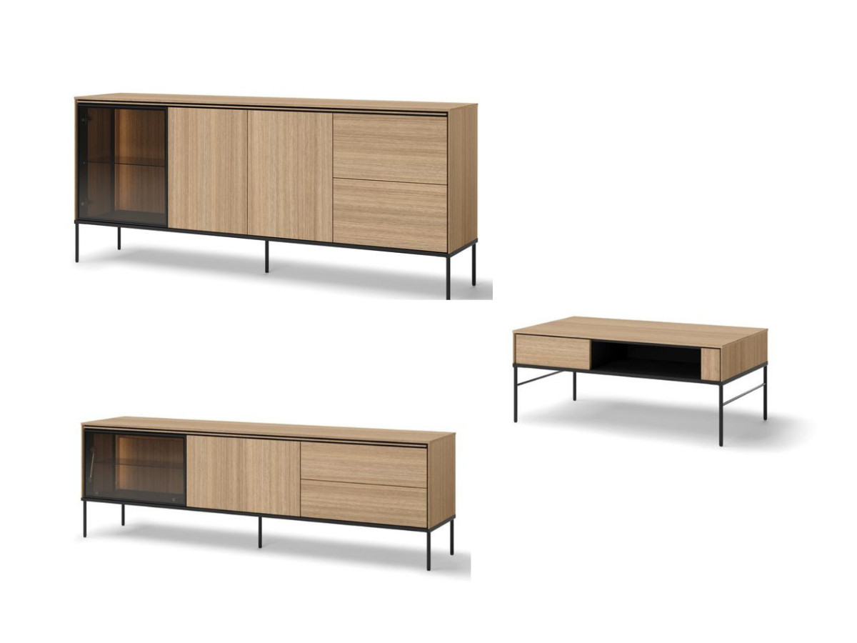 VERONA set met 200 cm dressoir + 197 cm tv-meubel + eikenhouten effect en rookglazen salontafel met led-verlichting