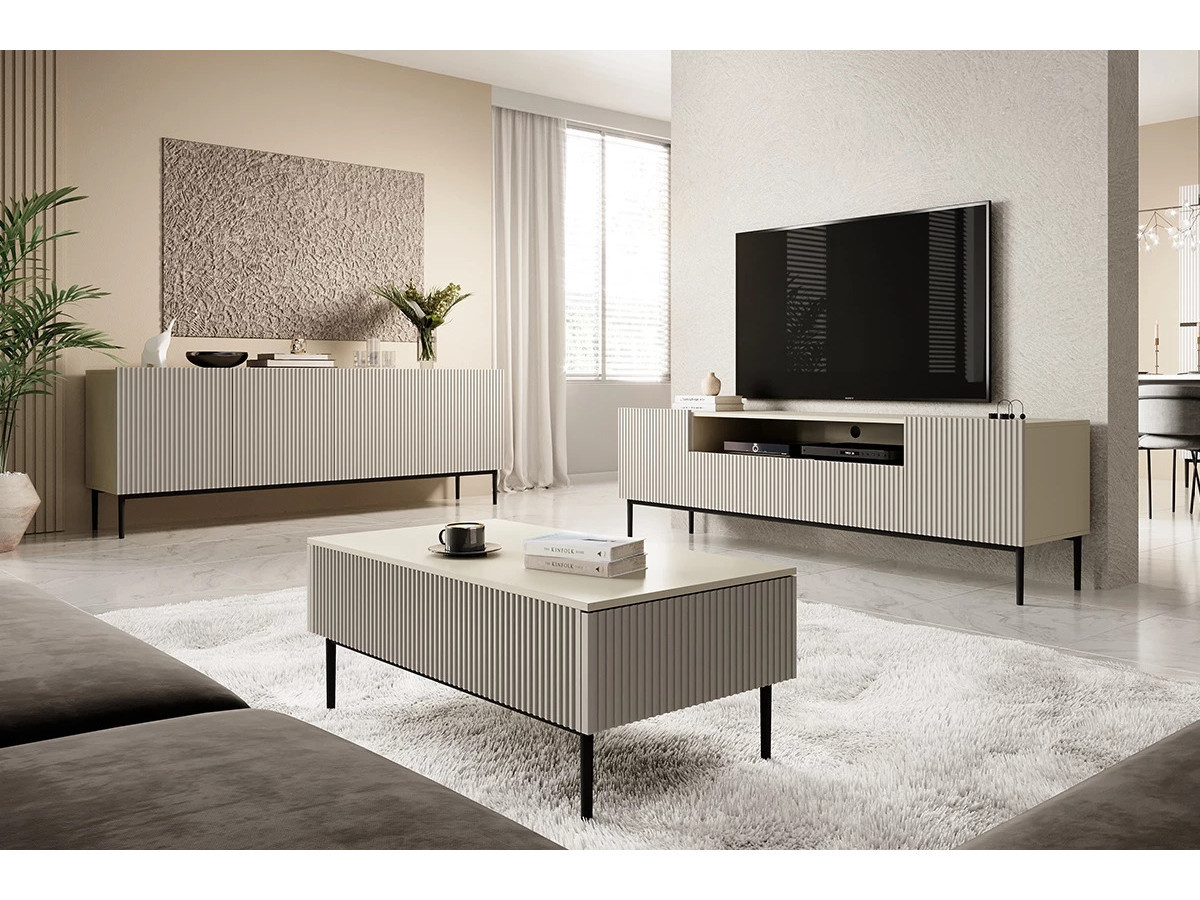 KASHA set met 200 cm tv-meubel met nis + 200 cm 4-deurs dressoir + salontafel met zwarte poten