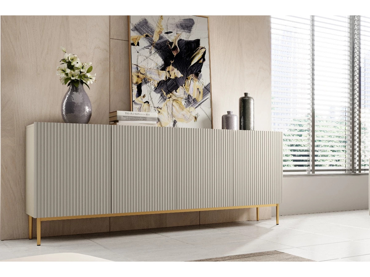 KASHA set met 200 cm tv-meubel met nis + 200 cm 4-deurs dressoir + salontafel met gouden poten