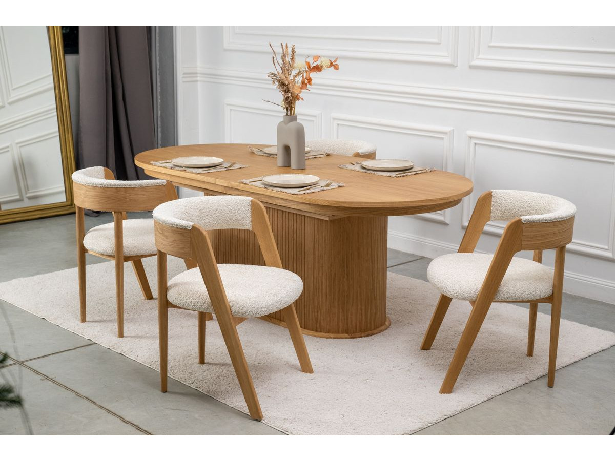 MALMOUSQUE set met uitschuifbare eettafel 210 tot 270 cm + 6 BASTIDE stoelen in massief eiken fineer