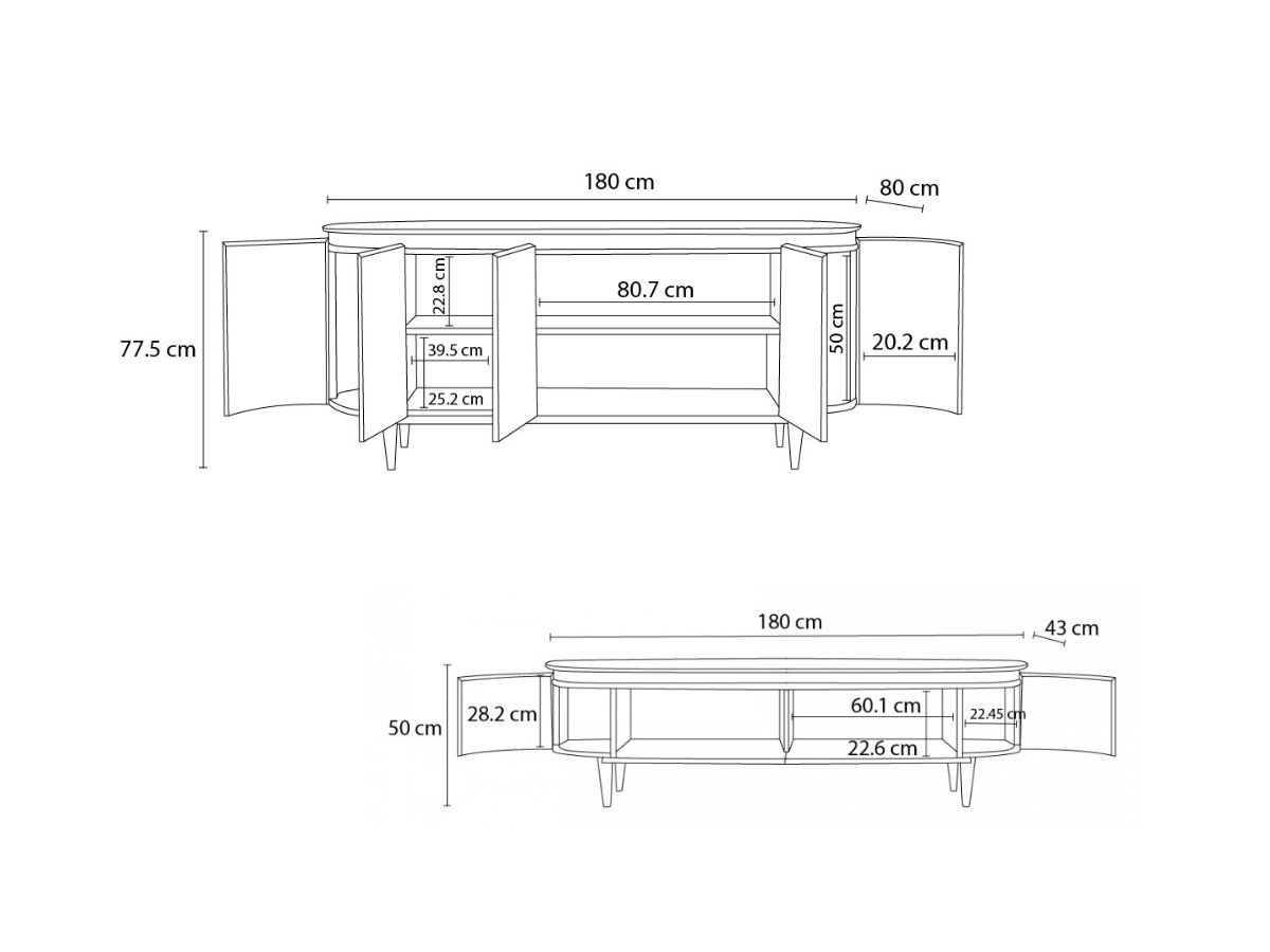 SORMIOU set met 180 cm dressoir + 180 cm tv-meubel in massief eiken fineer