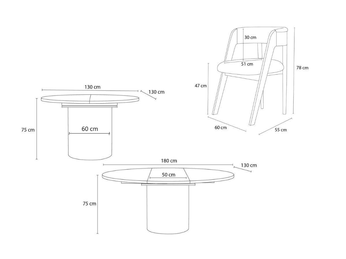 SORMIOU set met ronde eettafel uitschuifbaar van 130 tot 180 cm + 4 BASTIDE stoelen in massief eiken fineer