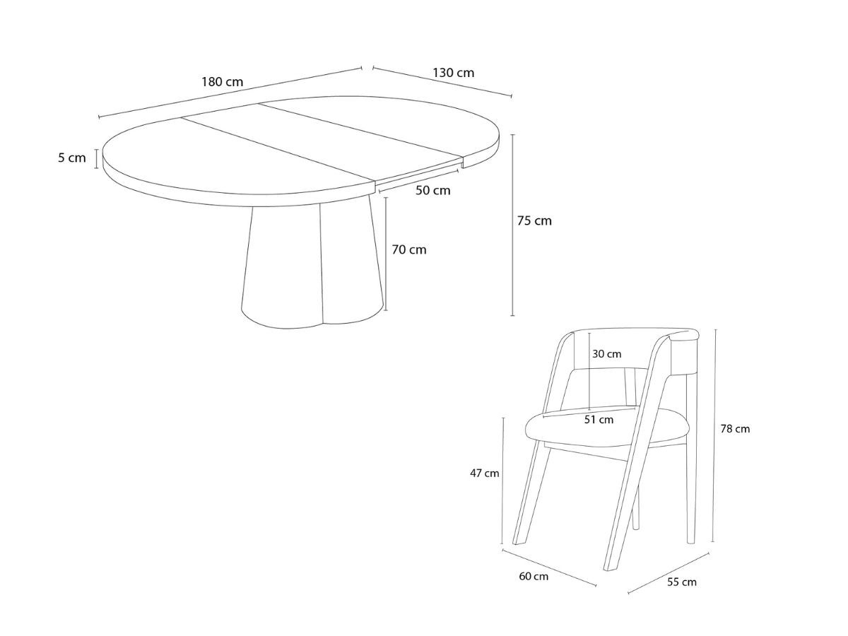 SUGITON set met ronde eettafel uitschuifbaar van 130 tot 180 cm + 4 BASTIDE stoelen in massief eiken fineer
