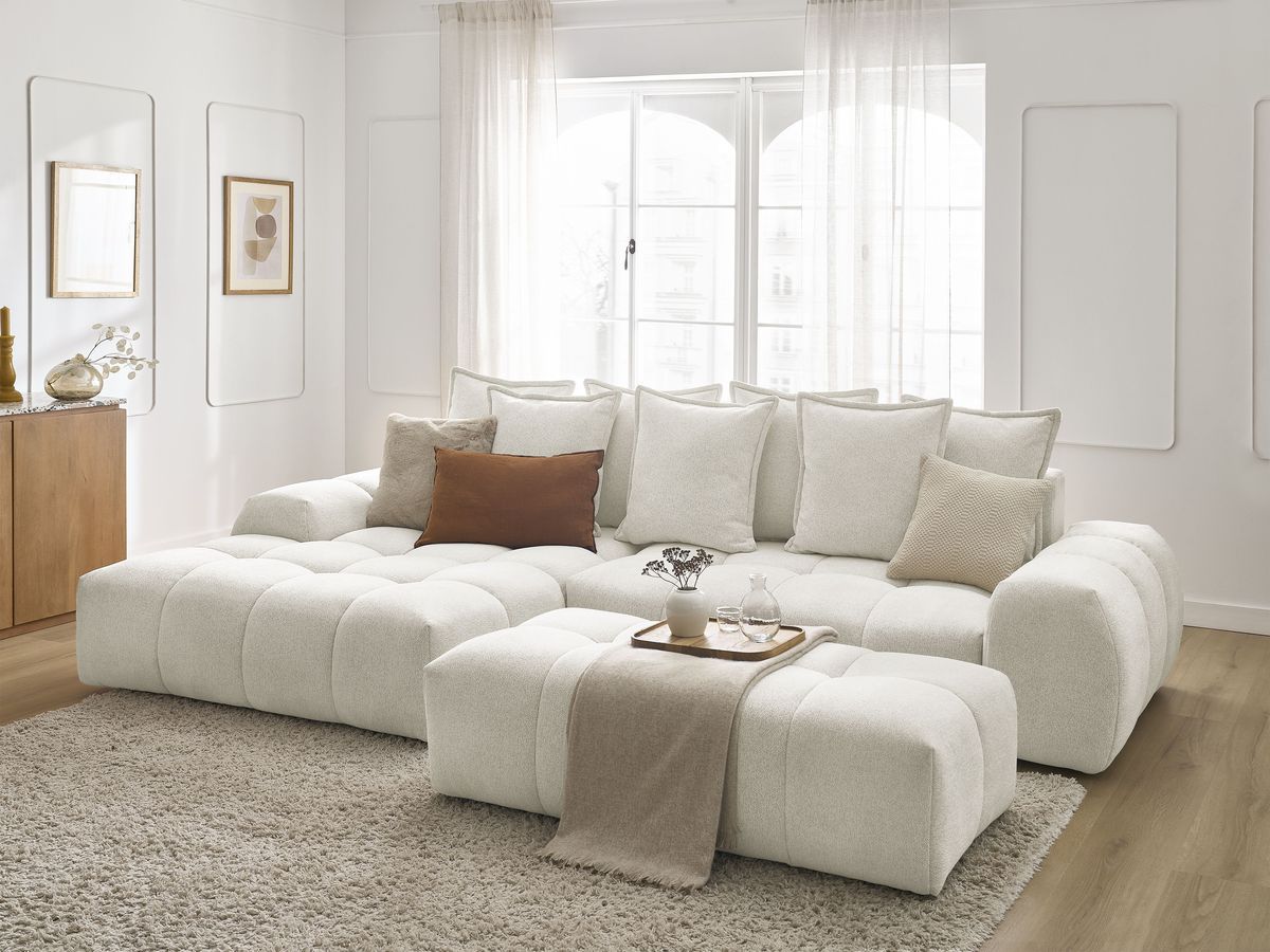 Canapé d'angle convertible coffre EVEREST tissu chiné avec pouf blanc  angle gauche BOBOCHIC 4 places