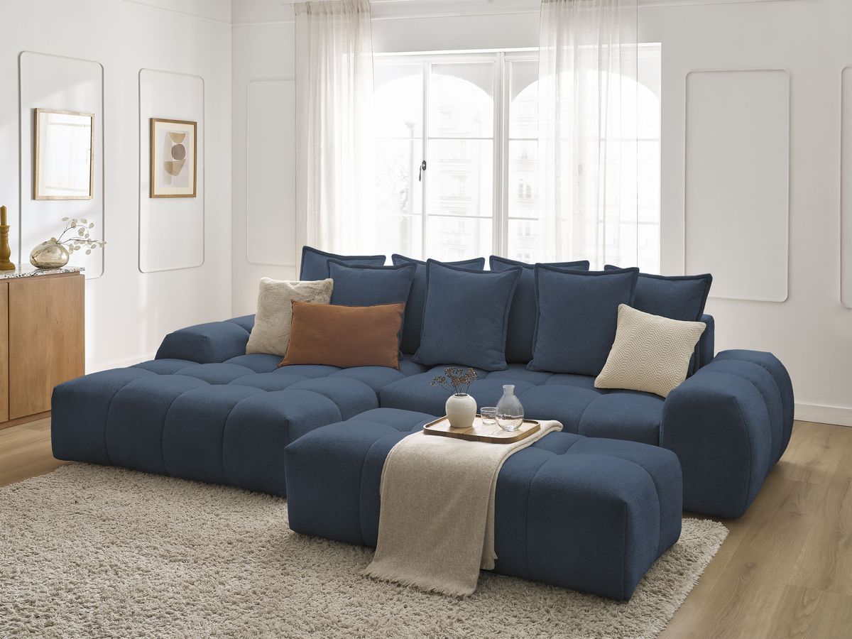 Canapé d'angle convertible coffre EVEREST tissu chiné avec pouf