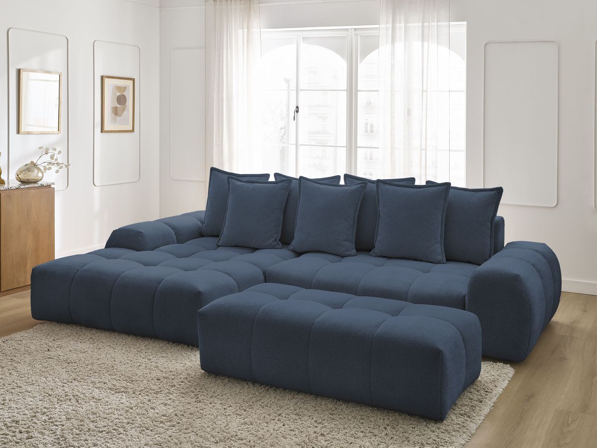 Canapé d'angle convertible coffre EVEREST tissu chiné avec pouf
