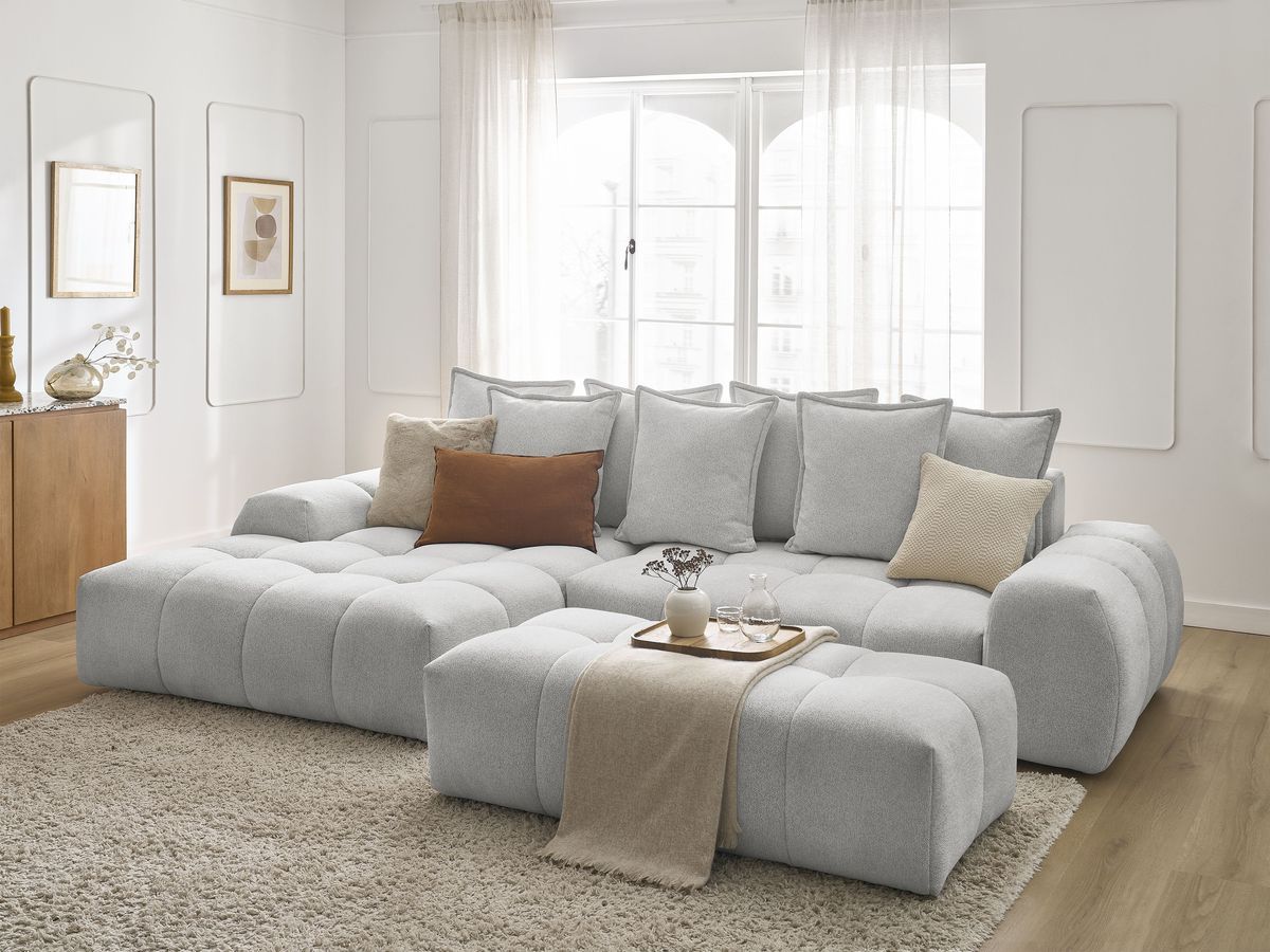 Canapé d'angle convertible coffre EVEREST tissu chiné avec pouf
