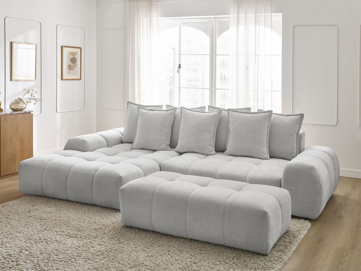 Canapé d'angle convertible coffre EVEREST tissu chiné avec pouf