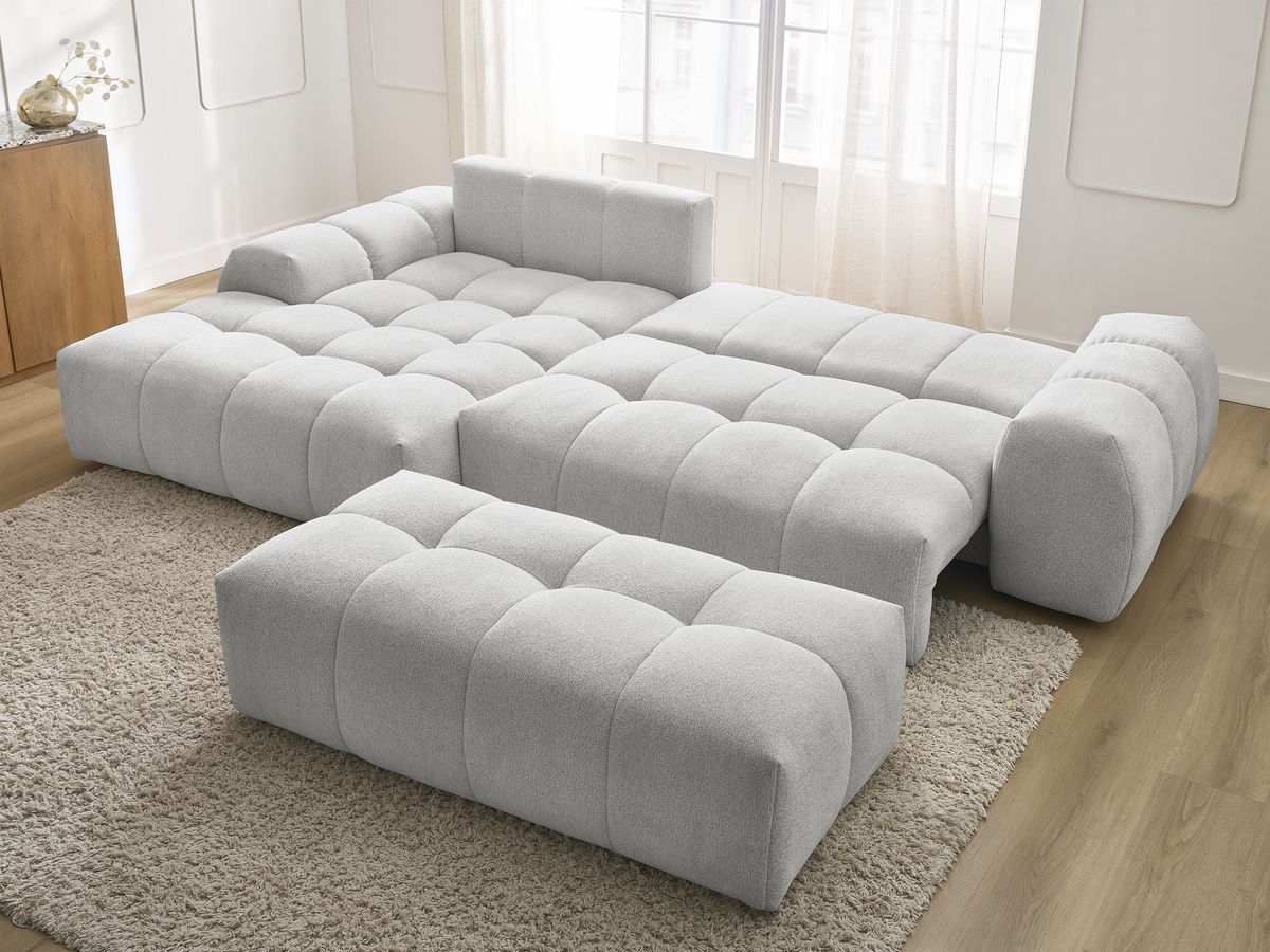 Canapé d'angle convertible coffre EVEREST tissu chiné avec pouf