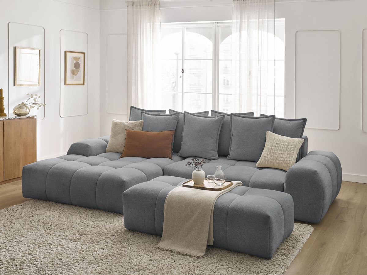 Canapé d'angle convertible coffre EVEREST tissu chiné avec pouf
