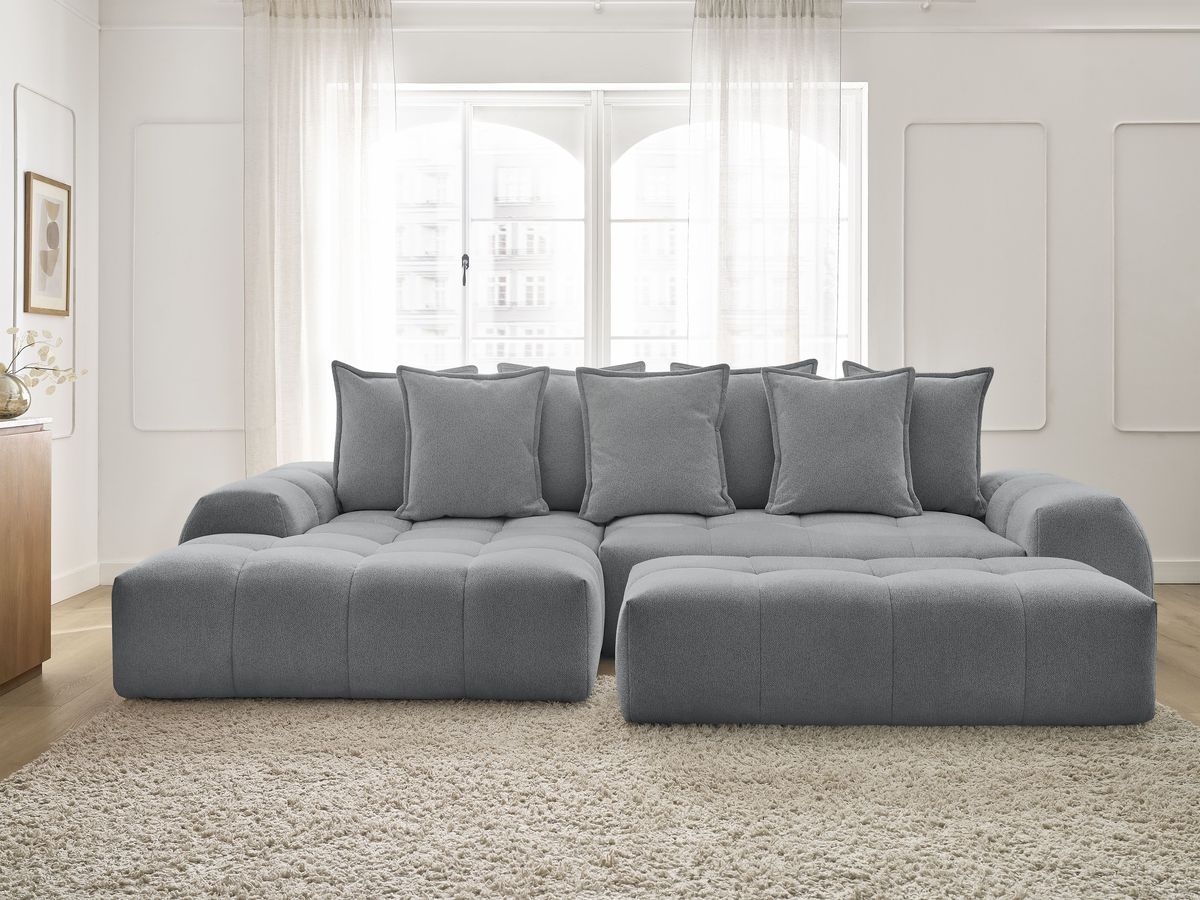 Canapé d'angle convertible coffre EVEREST tissu chiné avec pouf