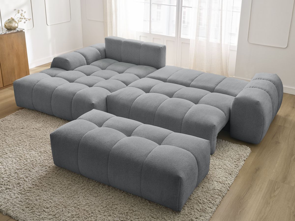 Canapé d'angle convertible coffre EVEREST tissu chiné avec pouf