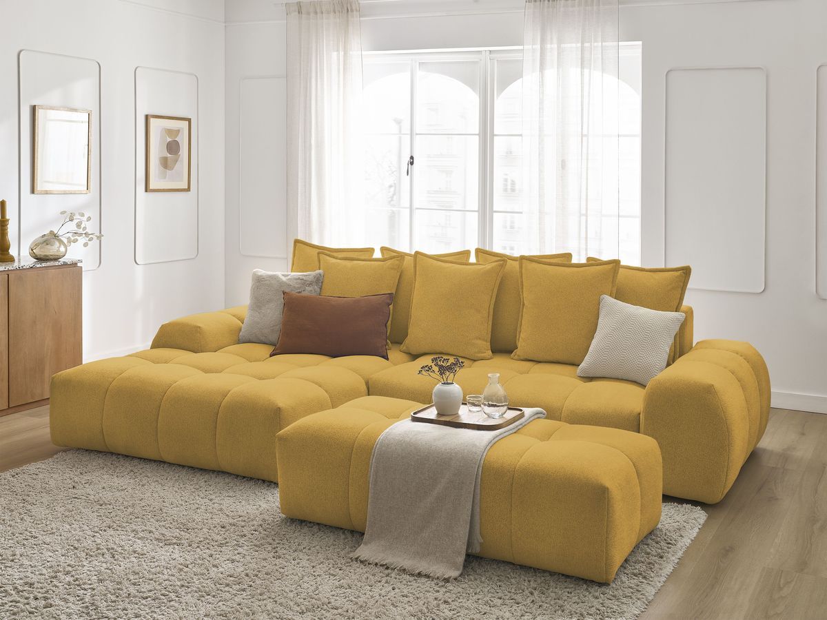 Canapé d'angle convertible coffre EVEREST tissu chiné avec pouf