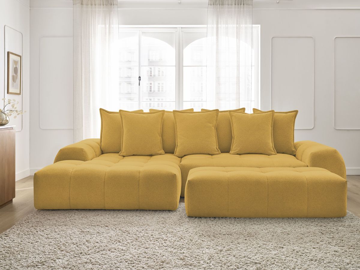 Canapé d'angle convertible coffre EVEREST tissu chiné avec pouf jaune angle gauche BOBOCHIC 4 places - Vue supplémentaire 3