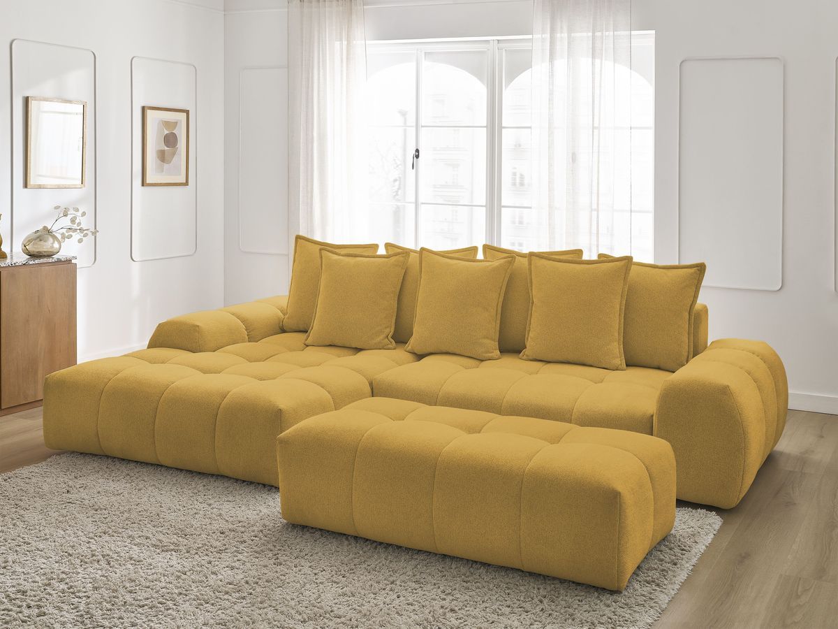 Canapé d'angle convertible coffre EVEREST tissu chiné avec pouf