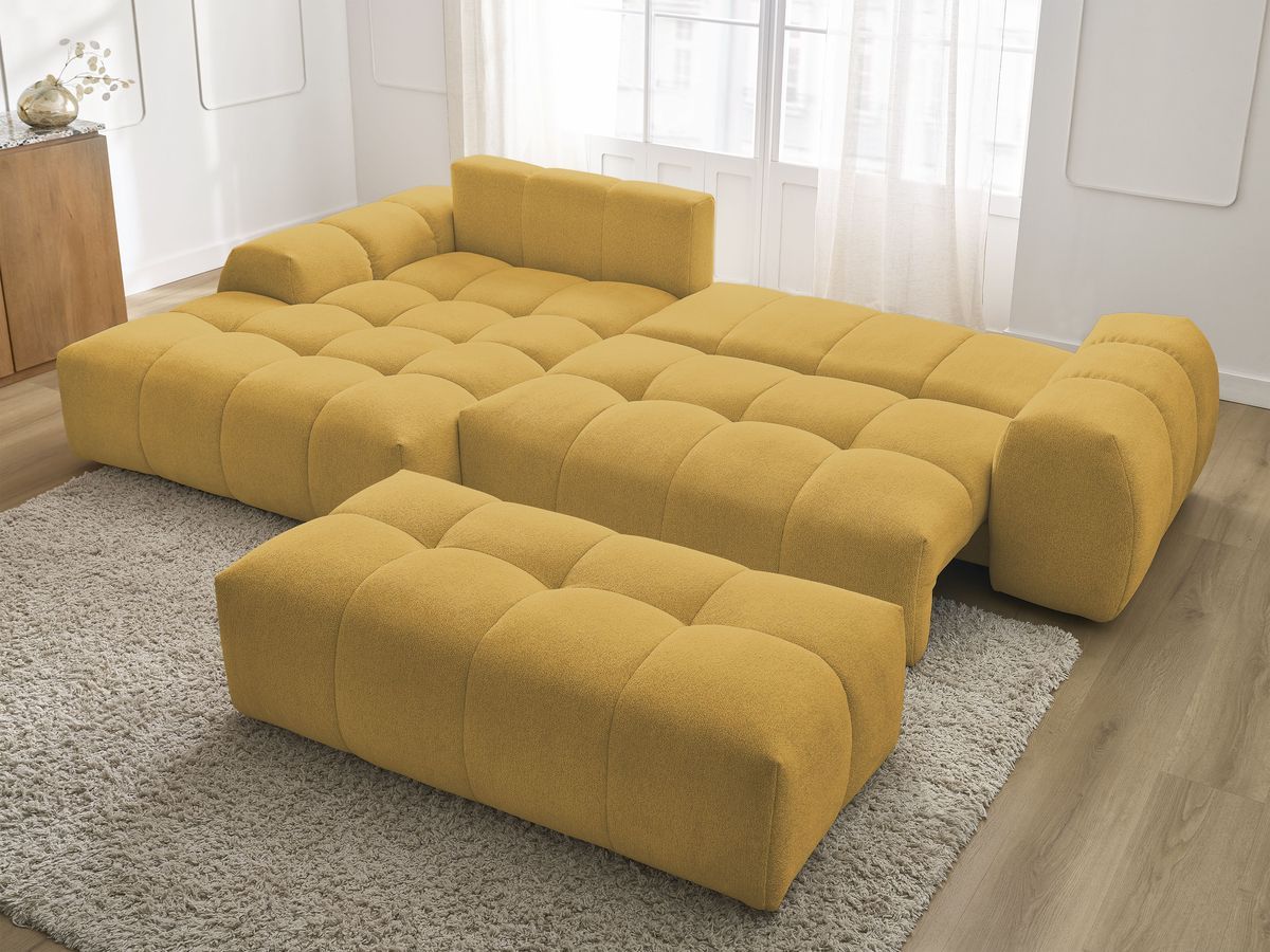 Canapé d'angle convertible coffre EVEREST tissu chiné avec pouf