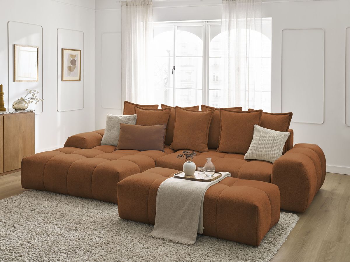 Canapé d'angle convertible coffre EVEREST tissu chiné avec pouf
