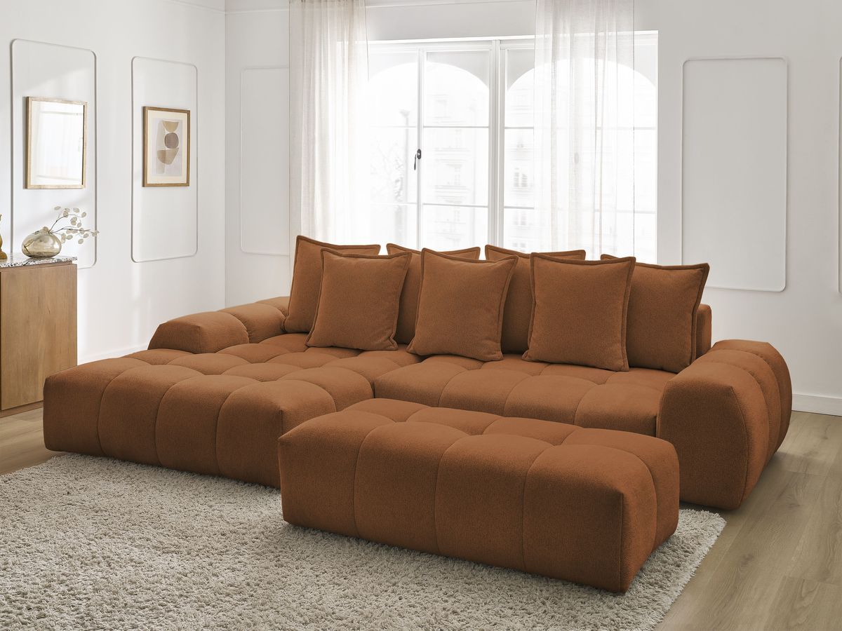 Canapé d'angle convertible coffre EVEREST tissu chiné avec pouf