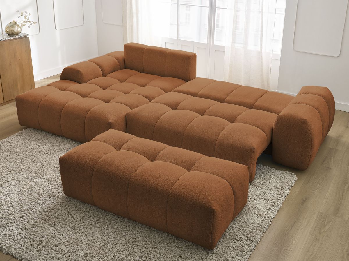 Canapé d'angle convertible coffre EVEREST tissu chiné avec pouf