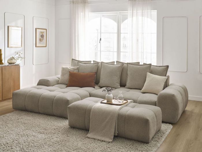 Canapé d'angle convertible coffre EVEREST tissu chiné avec pouf