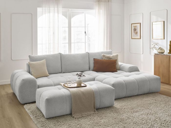 Canapé d'angle convertible coffre EVEREST tissu chiné avec pouf